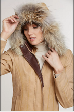 Load image into Gallery viewer, Dana Italian Calfskin Leather Coat with Coyote Fur Trim and Detachable Hood