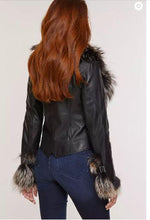 Load image into Gallery viewer, Celestine Lambskin Leather Moto Jacket with Fox Fur Trim