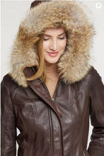 Load image into Gallery viewer, Dana African Lambskin Leather Coat with Coyote Fur Trim and Detachable Hood