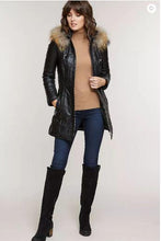Load image into Gallery viewer, Maria Lambskin Leather Coat with Raccoon Fur Trim and Detachable Hood