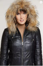 Load image into Gallery viewer, Maria Lambskin Leather Coat with Raccoon Fur Trim and Detachable Hood